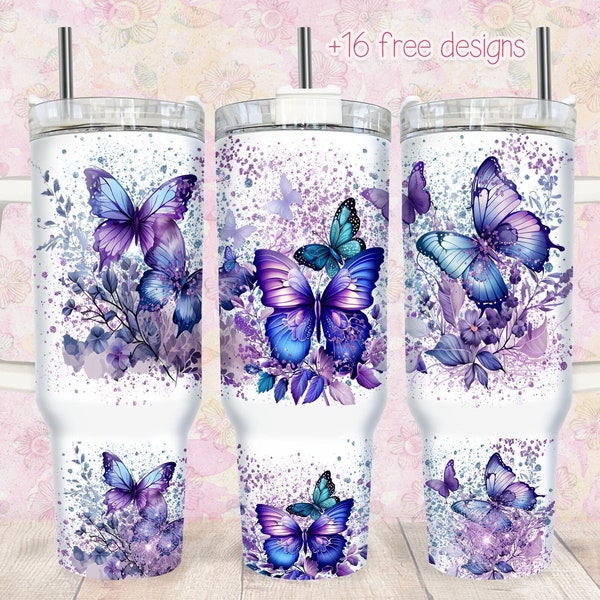 Purple Butterfly 40oz Quencher Tumbler Design, Sublimation Floral Digital PNG Wrap, Digital Download 40oz Design, 40oz Quencher Butterfly