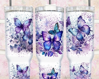 Purple Butterfly 40oz Quencher Tumbler Design, Sublimation Floral Digital PNG Wrap, Digital Download 40oz Design, 40oz Quencher Butterfly