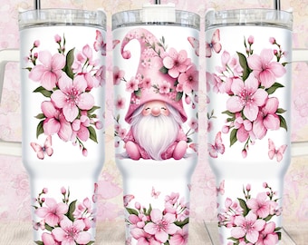 Spring Gnome 40oz Quencher Tumbler Design, Sublimation Floral Digital PNG Wrap, Digital Download 40oz Design, 40oz tumbler Design, Gnome