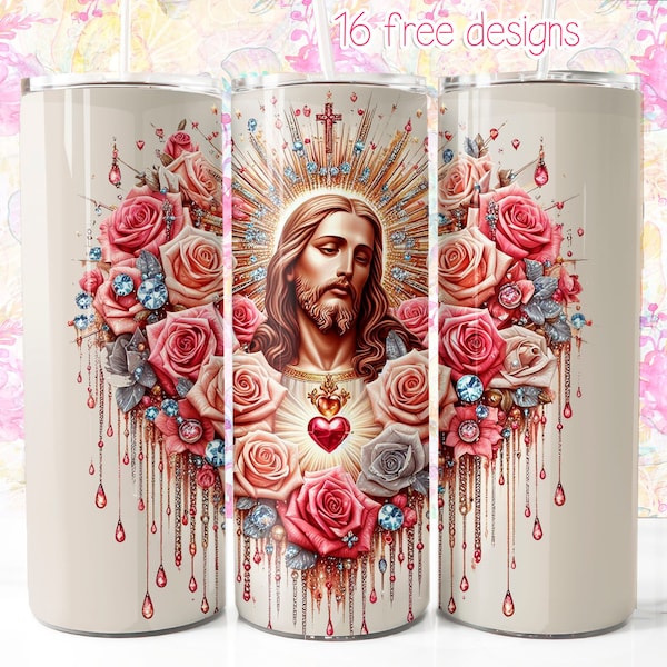 Sagrado corazon de Jesus 20oz Digital Design, catholic digital wrap for sublimation, Instant Download, Floral Sagrado corazon de Jesus, wrap