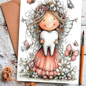 May include: A whimsical illustration of a tooth fairy holding a large tooth. The fairy has long hair, a flower crown, and butterfly wings. Butterflies and flowers surround the fairy, with a watercolor style.