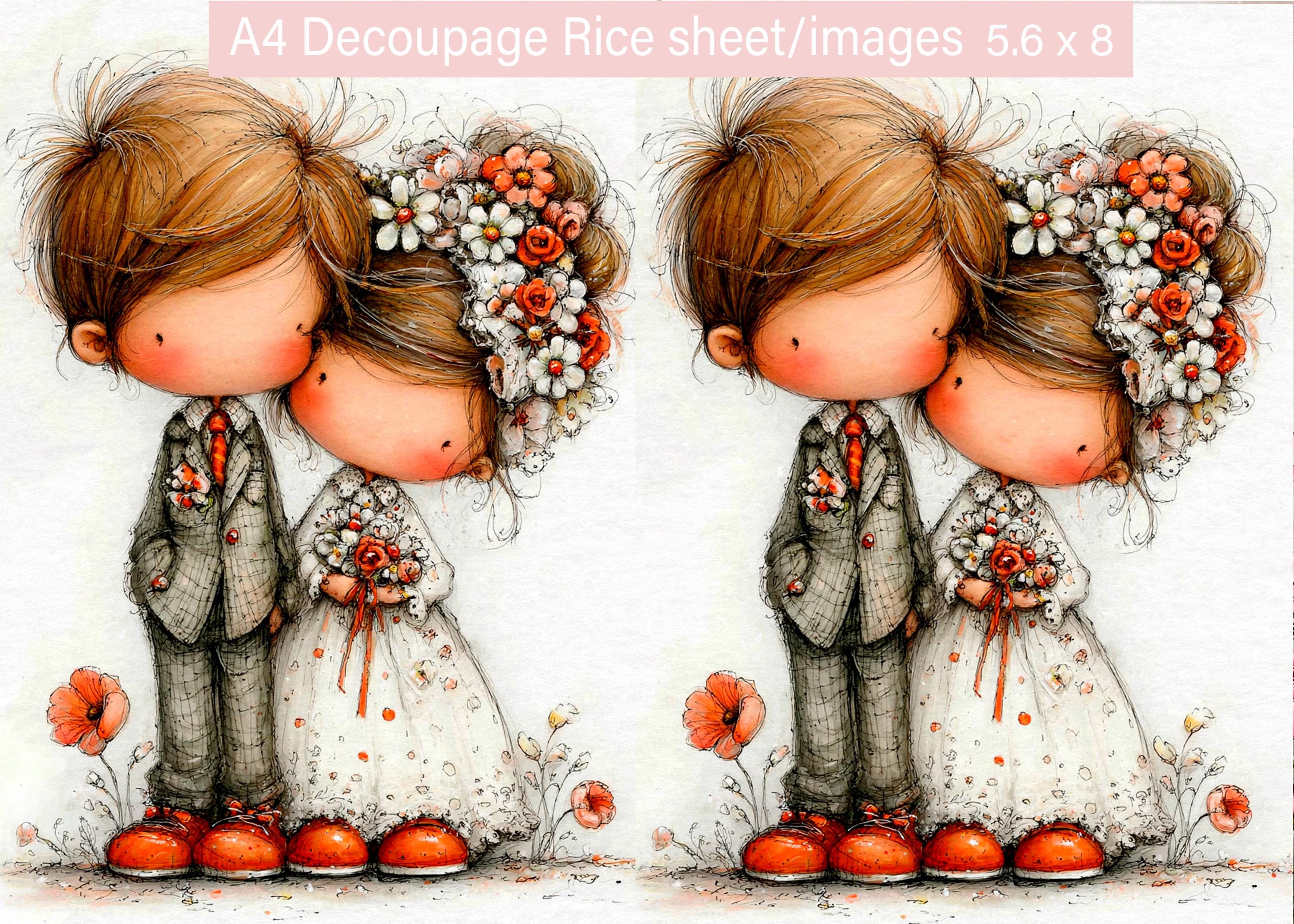 Cute Wedding Couple Rice Paper for Decoupage, Whimsical Bride and Groom ...
