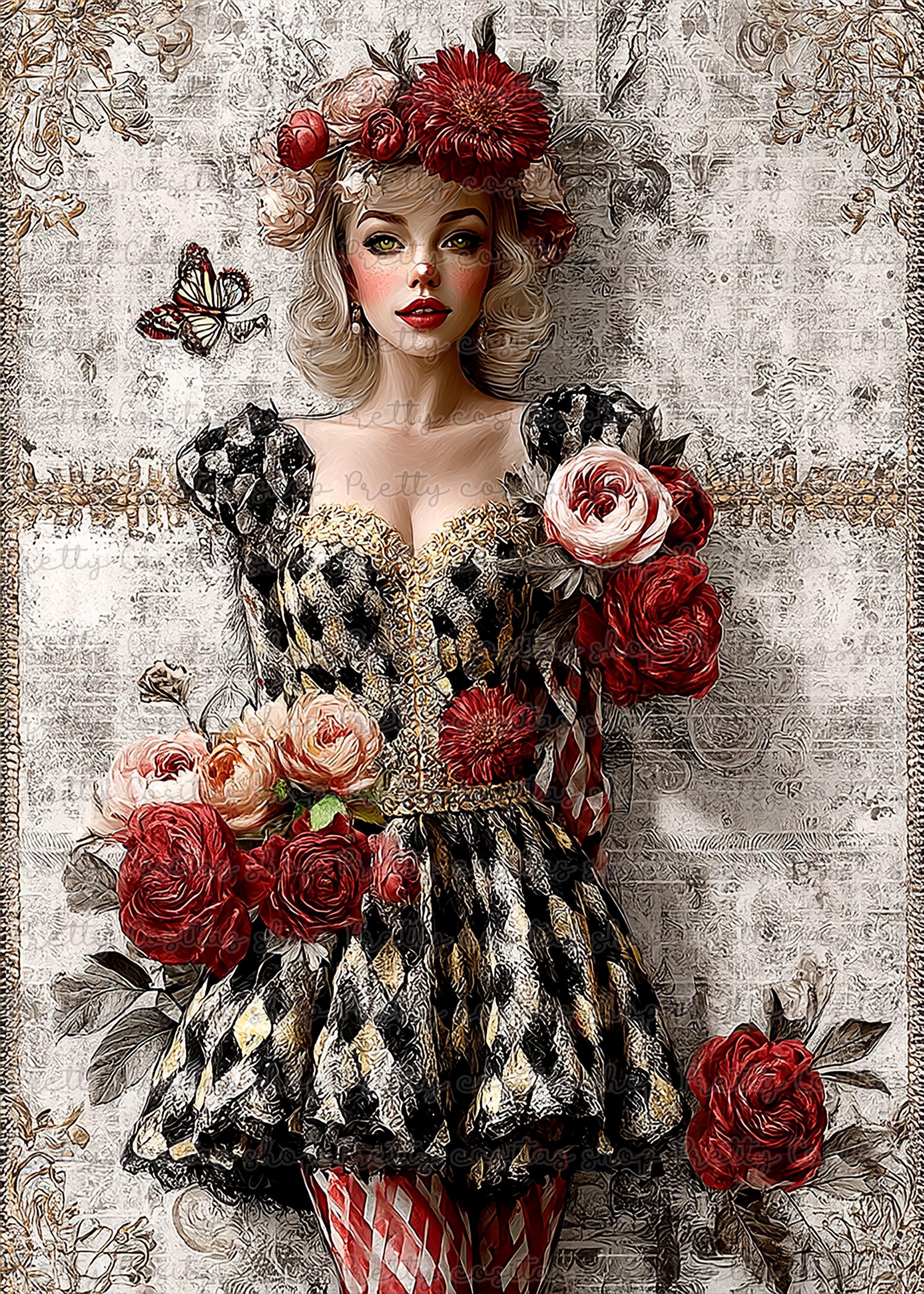 Victorian Harlequin Clown Rice Paper - Romantic Red & Rose Lady ...