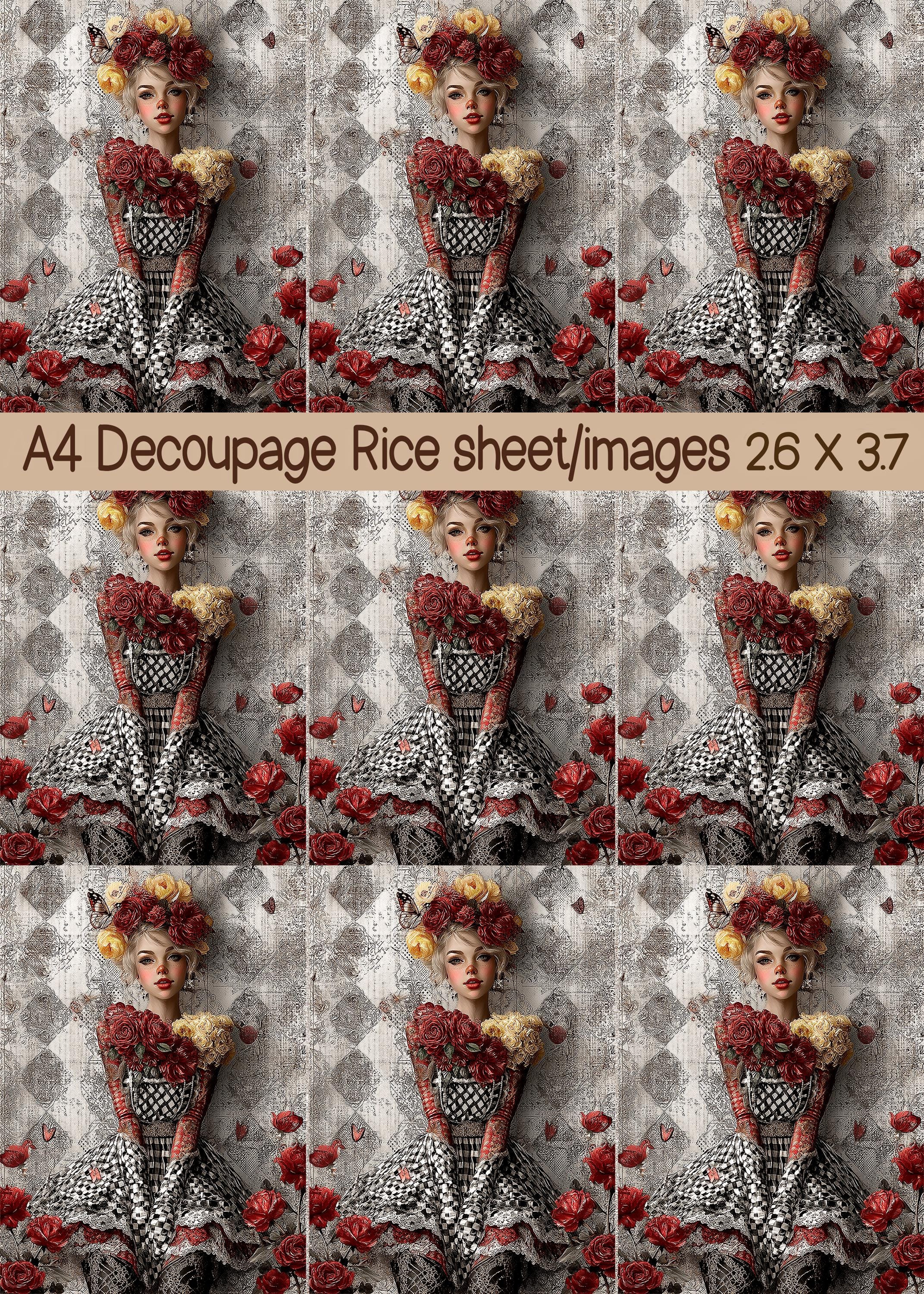 Victorian Harlequin Clown Rice Paper - Romantic Red & Yellow Rose Lady ...