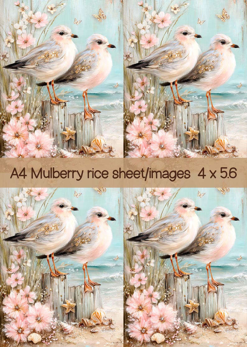 Vintage Coastal Birds Rice Paper – Seaside Plover & Pink Florals ...