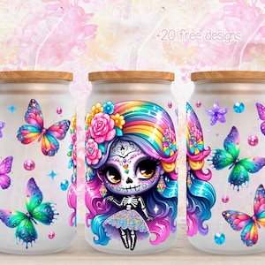 Catrina 16 Unzen Digital Wrap, 16 Unzen Blumenbecher Design, Sublimationsdesign, digitaler Download, Glitter Butterfly 16 Unzen Wrap, Neon-Catrina-Wrap