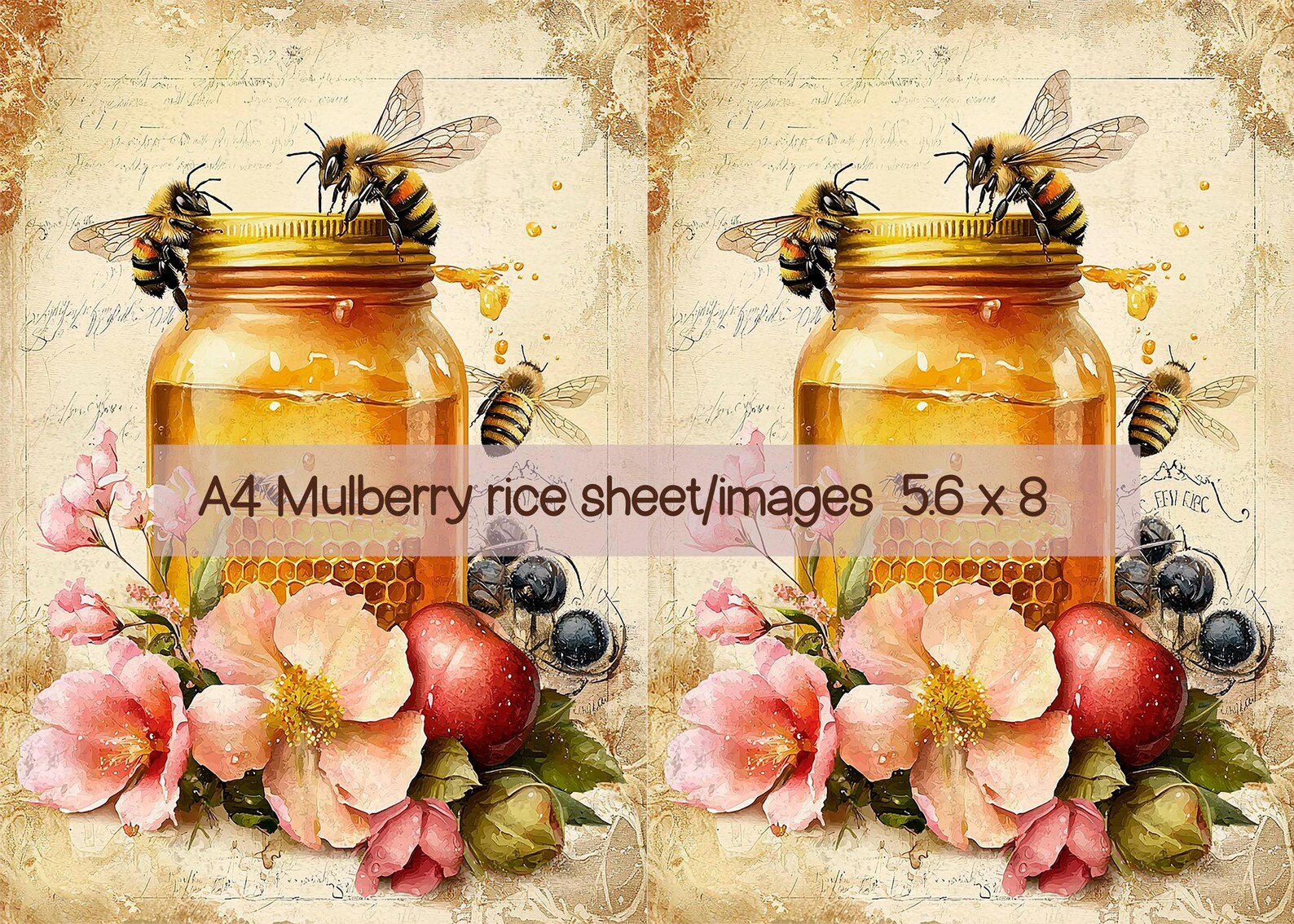 Bee And Rice Decoupage Rice Paper - Honey Jar and Bees With Floral Design, Vintage ...