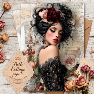May include: A vintage-style illustration of a woman with dark hair adorned with flowers, wearing a black lace dress. The image includes a label that reads "Belle Cottage paperie" and dried roses, with a wooden background.