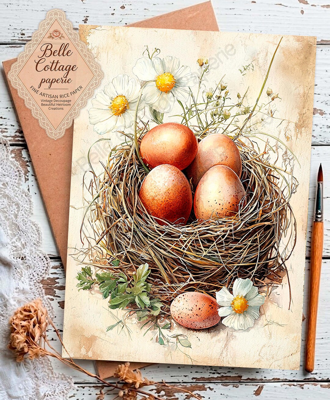 Rustic Bird Nest Decoupage Paper, Vintage Eggs and Flowers Rice Paper ...