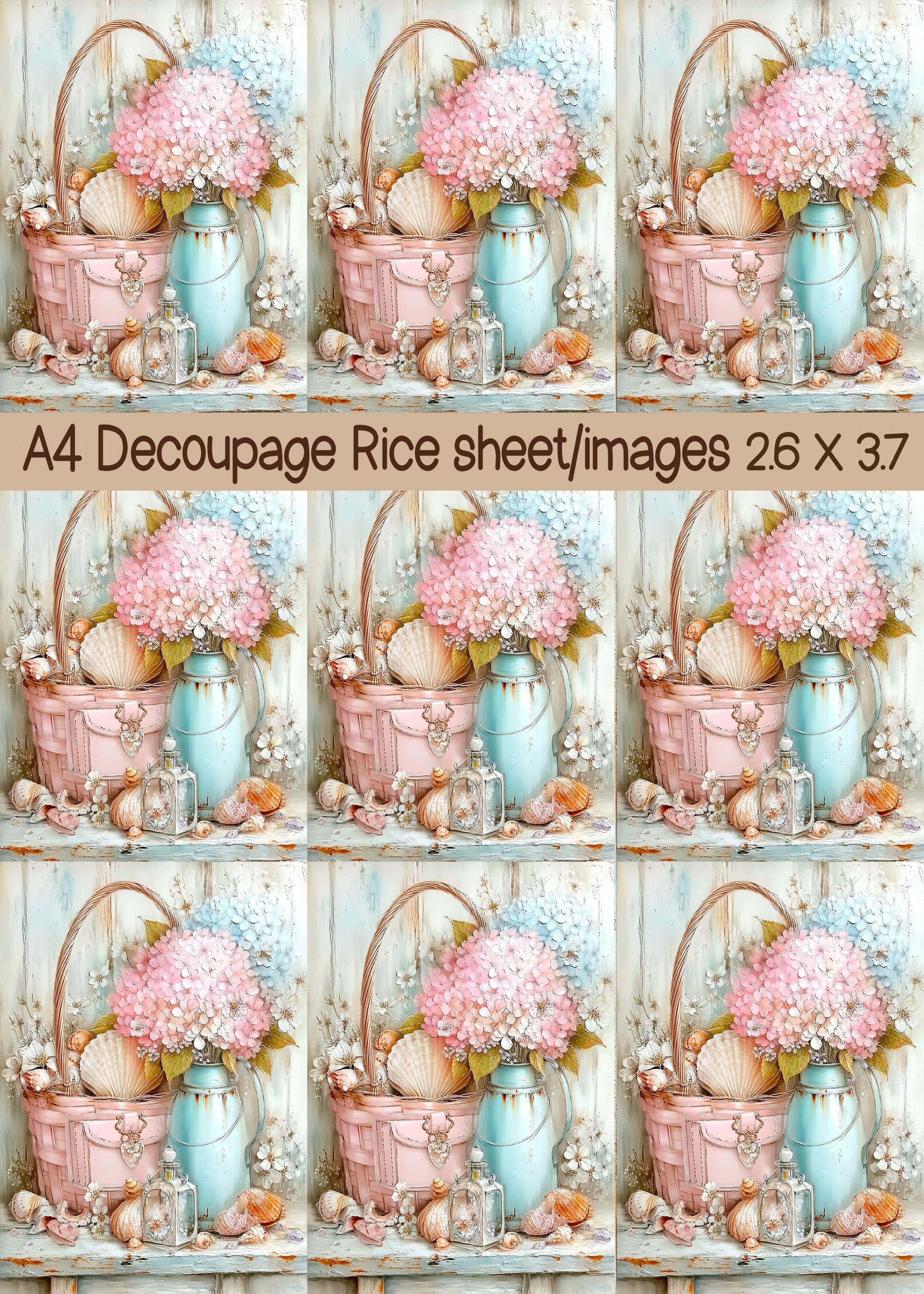 Hydrangea Rice Paper Vintage Coastal Hydrangea Rice Paper, Seaside Shells & Basket Decoupage ...