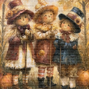May include: An oil painting depicting three scarecrow figures standing in a field with pumpkins. The figures wear hats, layered clothing, and striped socks. The scene features warm autumn colors, golden trees, and a path, with the text Belle Cottage.