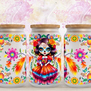 Mexikanisches Catrina 16 Unzen Wrap, 16 Unzen Floral Tumbler Design, Sublimationsdesign, digitaler Download, Catrina Floral Digital Wrap, Digital Wrap 16 Unze