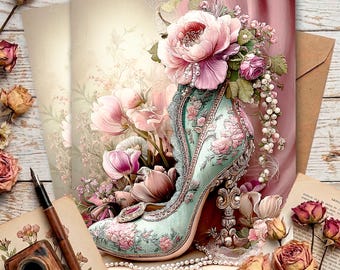 Vintage Floral High Heel Rice Paper A4 – Shabby Chic Coquette Mulberry Paper – Victorian Shoe Decoupage Sheet – Artistic Coquette Aesthetic