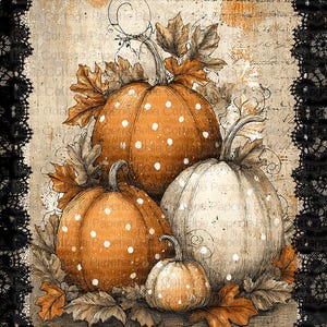May include: A digital illustration featuring three pumpkins with white polka dots, surrounded by autumn leaves. The pumpkins are orange and white, set against a beige background with script text and splatters, framed by a black lace border.