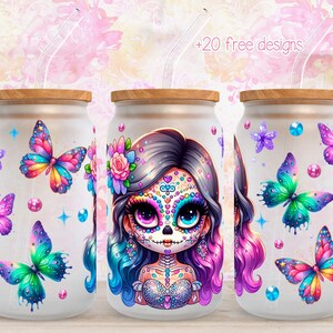 Catrina 16 Unzen Digital Wrap, 16 Unzen Blumenbecher Design, Sublimationsdesign, digitaler Download, Glitter Butterfly 16 Unzen Wrap, Neon-Catrina-Wrap