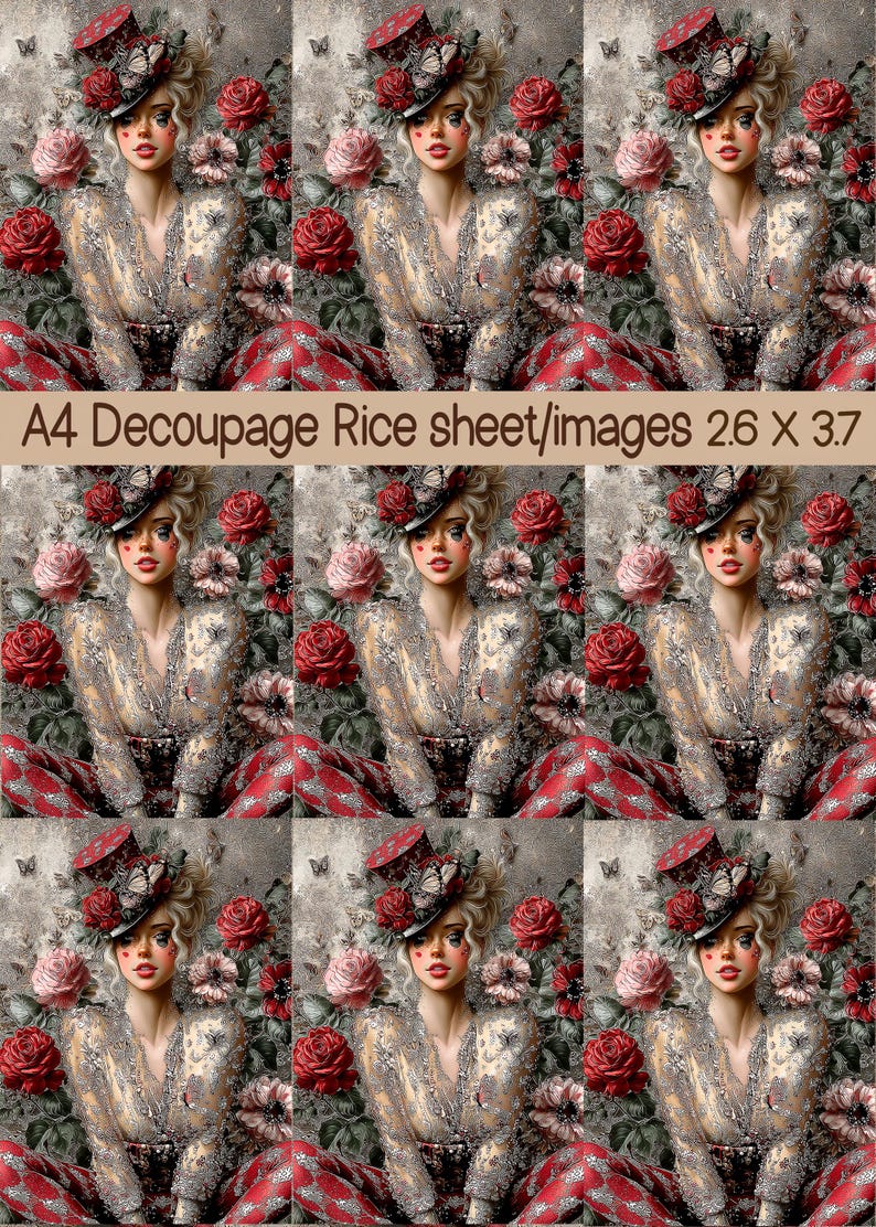 Harlequin Victorian Portrait Rice Paper - Romantic Red Rose & Butterfly ...