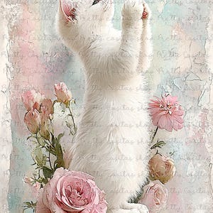 May include: A white cat stands on its hind legs with paws raised, surrounded by pink and beige roses. The cat is set against a pastel background with a distressed, vintage aesthetic.