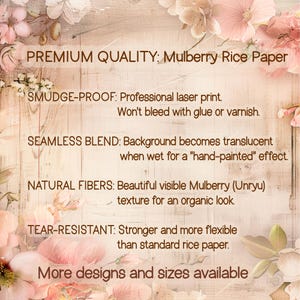 May include: A rectangular sheet of mulberry rice paper featuring a light wood grain background with soft pink floral illustrations at the corners. The text lists product features including premium quality, smudge-proof laser print, seamless blend, natural fibers, and tear-resistant properties. The bottom text states more designs and sizes are available.