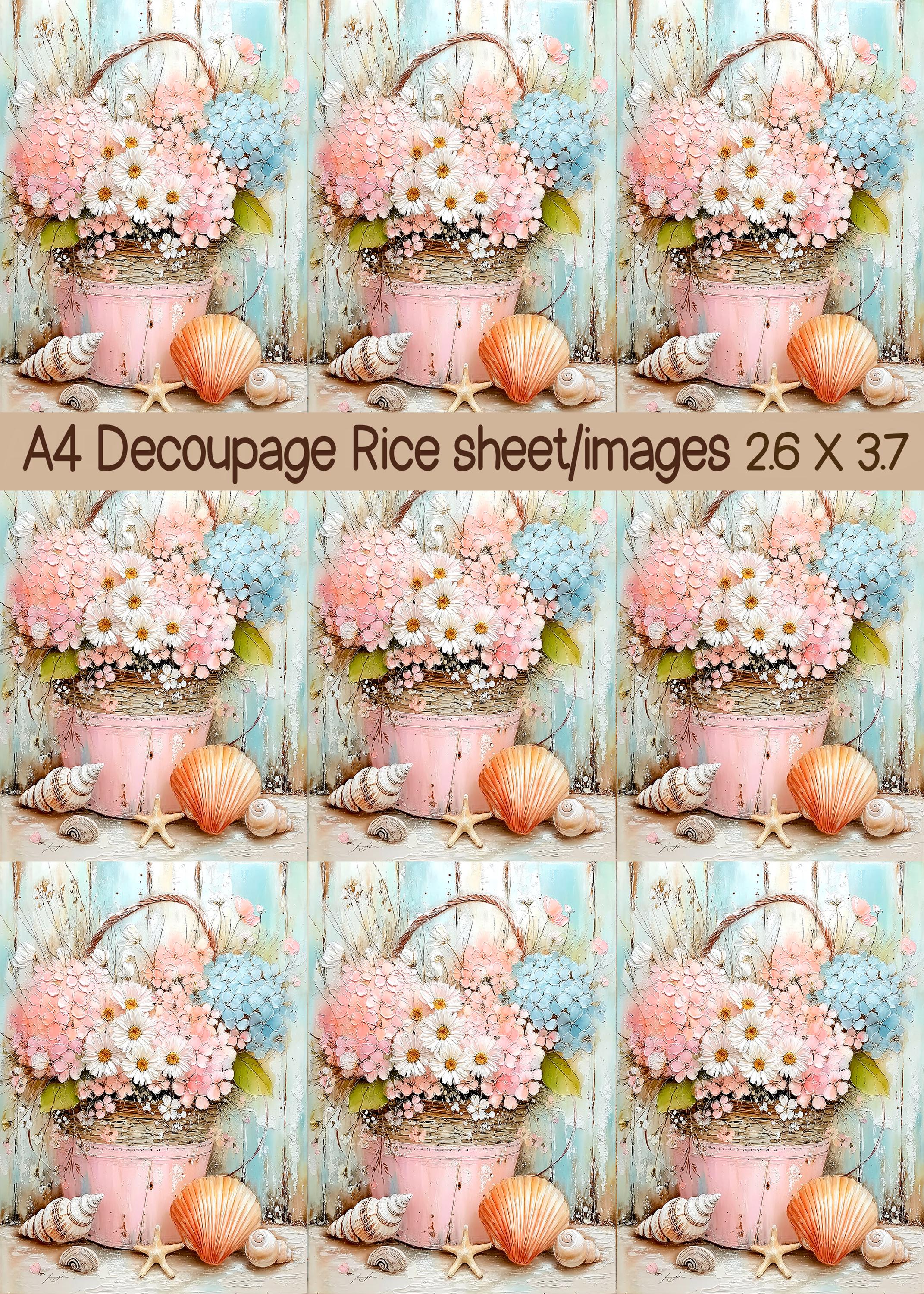 Hydrangea Rice Paper Vintage Coastal Bouquet Rice Paper, Seaside Hydrangea & Shells ...