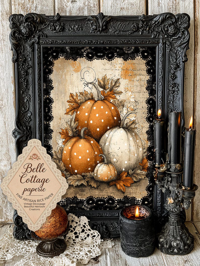 May include: A rectangular black ornate frame containing a print of three pumpkins with white polka dots surrounded by autumn leaves and script text. A diamond-shaped label reads Belle Cottage paperie Fine Artisan Rice Paper. Black candles are nearby.