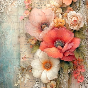 Vintage Floral Bouquet with Antique Lace Rice Paper A4, Shabby Chic Script Mulberry Paper,  Botanical Decoupage Sheet, Peonies Art Paper