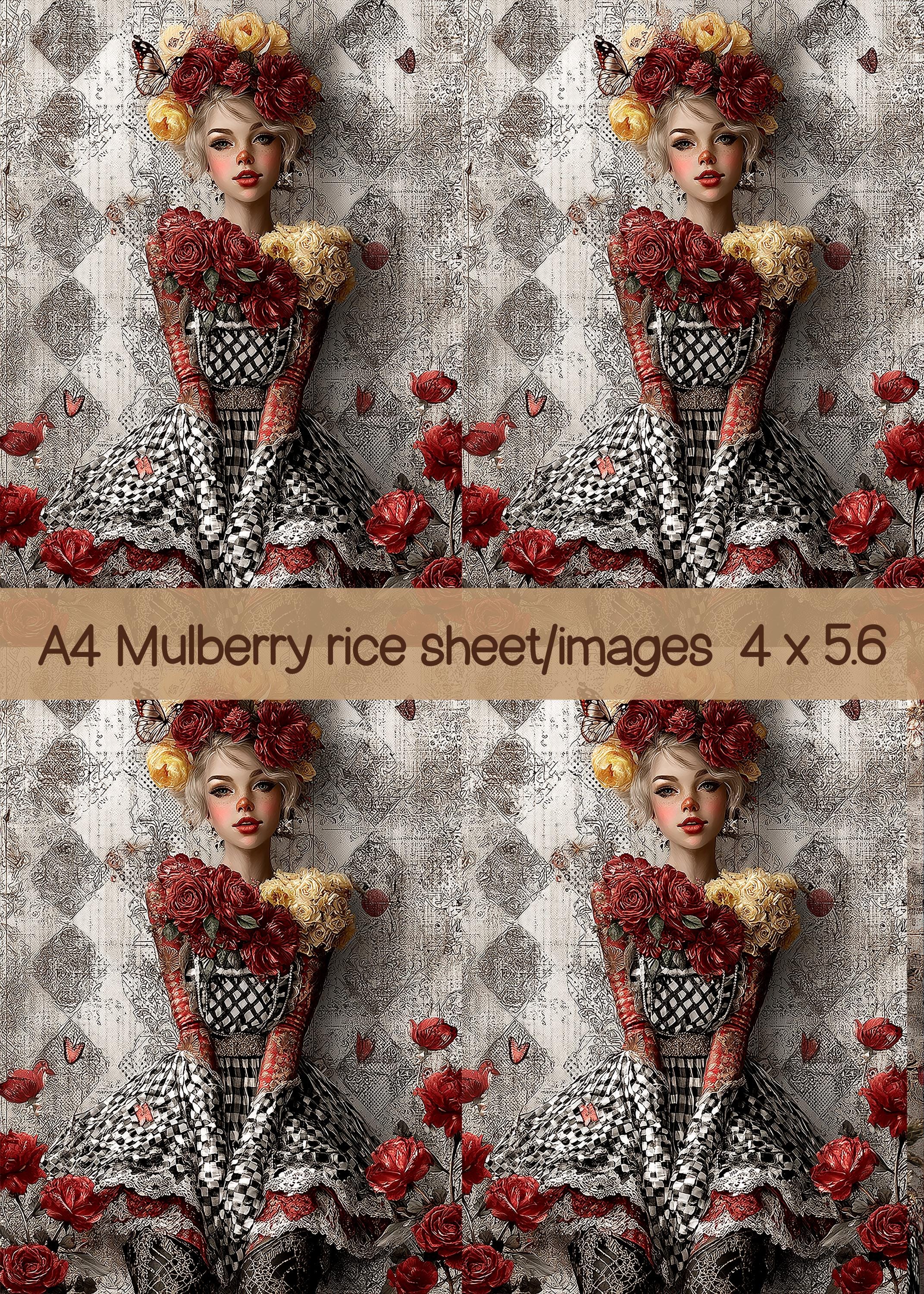 Victorian Harlequin Clown Rice Paper - Romantic Red & Yellow Rose Lady ...