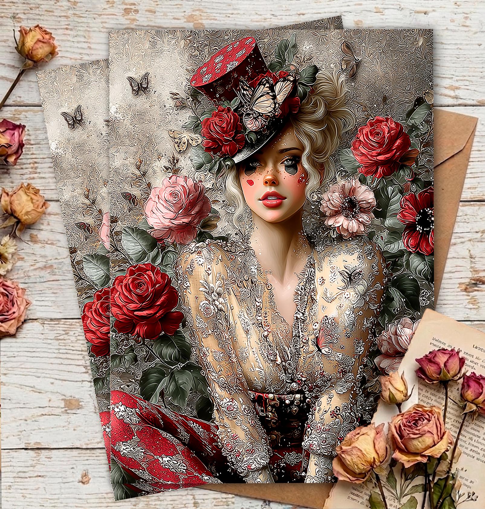 Harlequin Victorian Portrait Rice Paper - Romantic Red Rose & Butterfly ...