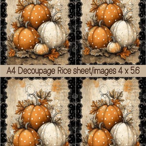 May include: An A4 decoupage rice sheet featuring four identical rectangular images of orange and white pumpkins with white polka dots, surrounded by autumn leaves and script text, all framed by a black lace border. Text reads: A4 Decoupage Rice sheet/images 4 x 5.6.