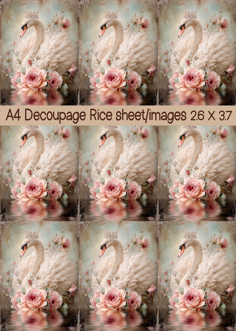 Pink Swan Rice Paper Vintage Graceful Swan Rice Paper for Decoupage A4, Romantic Crown and ...