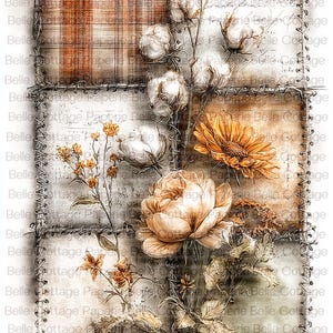 May include: A digital collage print featuring a patchwork grid of textured squares stitched together. The design includes illustrations of cotton bolls, a large peach-colored peony, a yellow sunflower, and small yellow wildflowers.