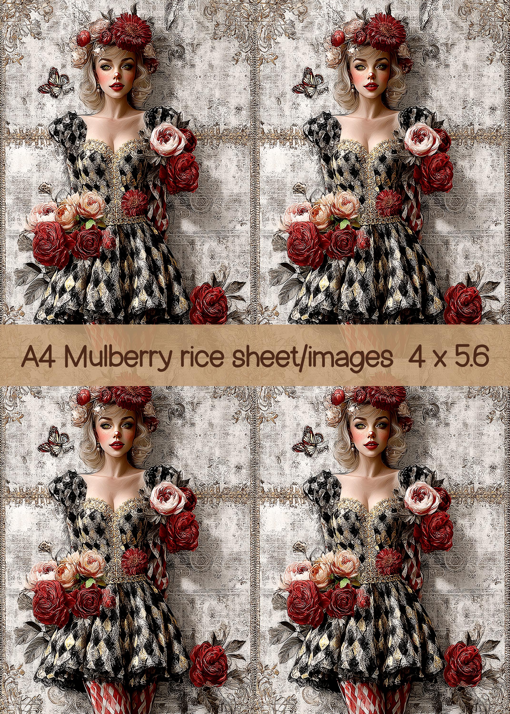 Victorian Harlequin Clown Rice Paper - Romantic Red & Rose Lady ...