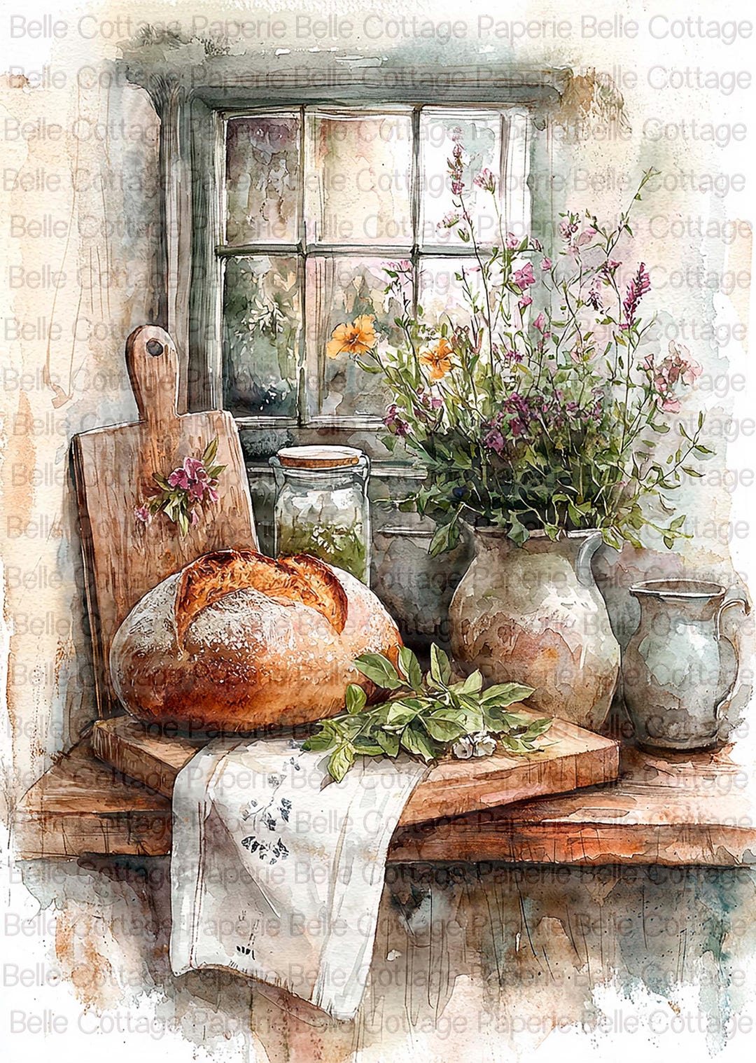 Decoupage Rice Paper - Rustic Bread and Wildflowers, Vintage Kitchen ...