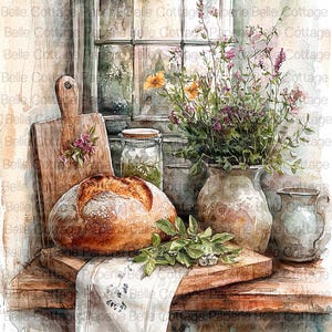 May include: Watercolor still life featuring a rustic bread loaf, cutting boards, and a vase of flowers. A jar with a wooden lid and a small pitcher are also present. The scene is set near a window, evoking a cozy, vintage aesthetic.