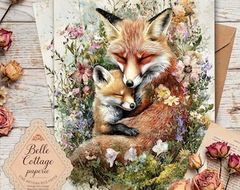 Fox Family Rice Paper for Decoupage, Mother and Baby Fox Art, Woodland Animal Rice Paper, Cottagecore Forest Decor, Whimsical Fox Design