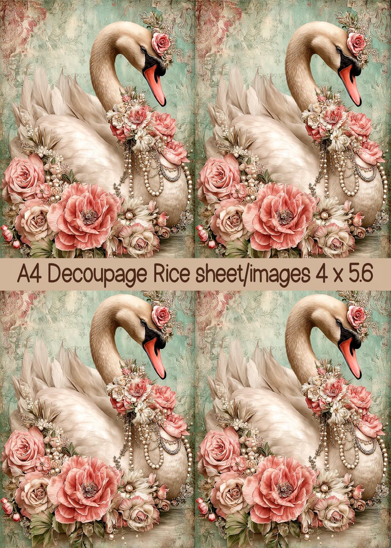 Pink Swan Rice Paper Vintage Graceful Swan Rice Paper for Decoupage A4, Romantic Pearls and ...