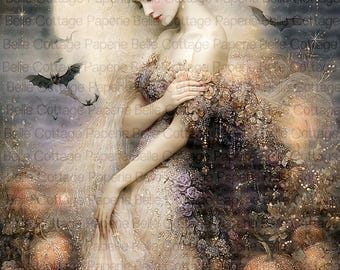 Moonlit Gothic Lady Mulberry Rice Paper, Victorian Halloween Decoupage Paper, Dark Romance Pumpkin Art, Gothic Cottagecore Decor, A4 Paper