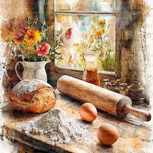 May include: Watercolor painting of a rustic kitchen scene. A loaf of bread, flour, eggs, and a rolling pin sit on a wooden surface. A vase of flowers and a window with a view of a garden are in the background.