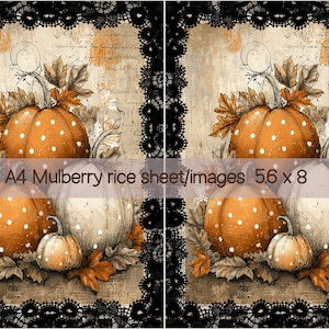 May include: A rectangular A4 mulberry rice sheet featuring two identical illustrations of orange and white polka-dot pumpkins surrounded by autumn leaves, set against a vintage script background with a black lace border, measuring 5.6 by 8 inches.