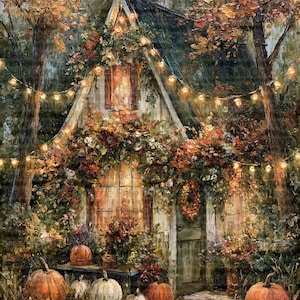 May include: An oil painting of a cottage surrounded by autumn foliage and string lights. The scene features a dark roof, a green door, and a front yard filled with orange and white pumpkins. The trees have orange and brown leaves.