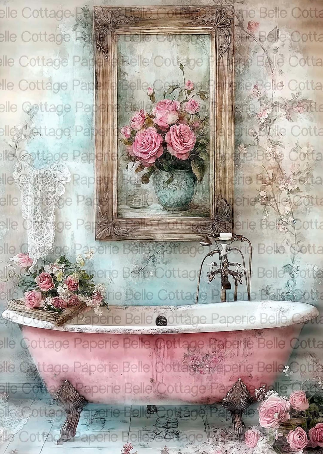Shabby Chic Bathroom Rice Paper, Pink Vintage Bathtub Decoupage Sheet ...