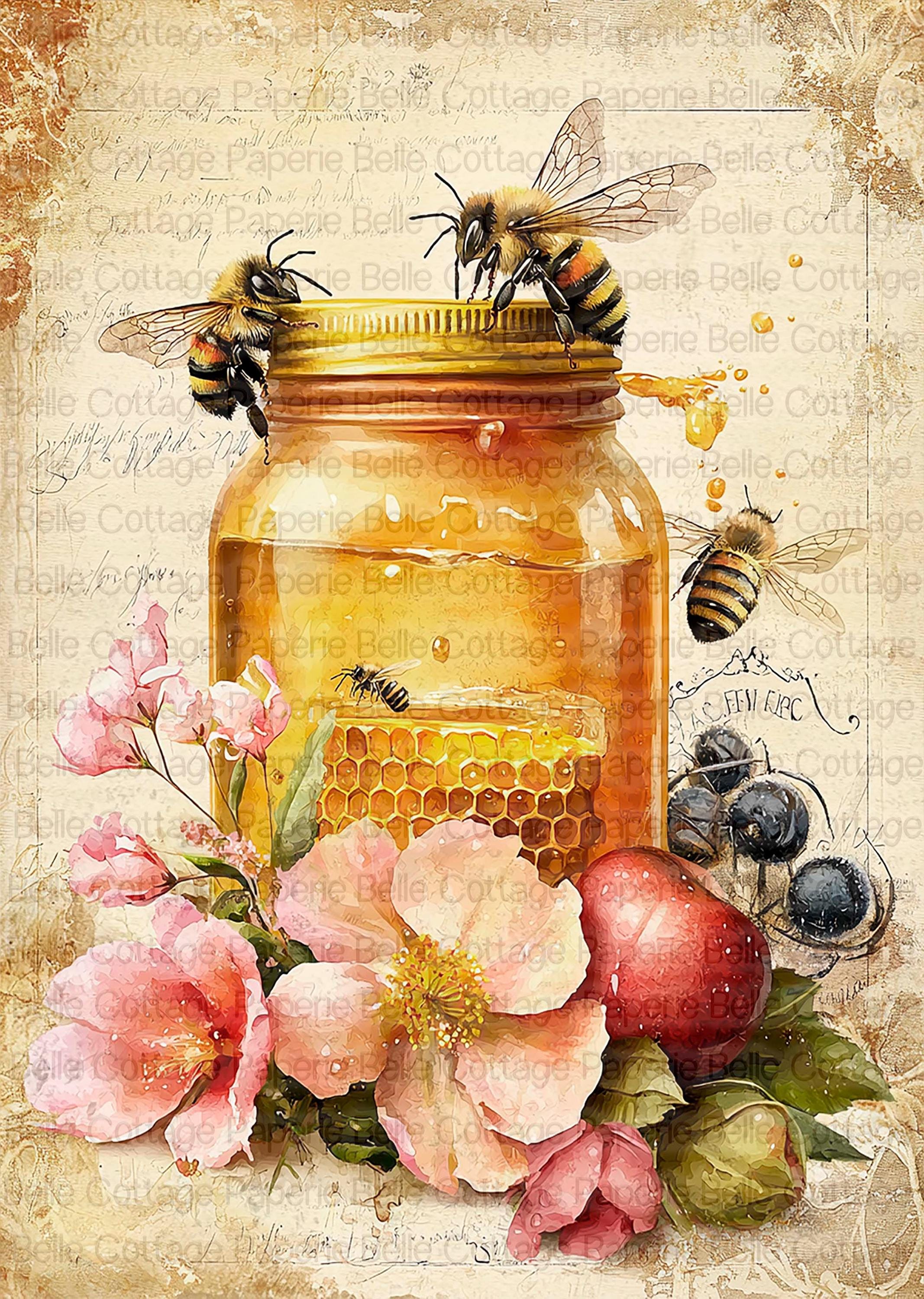 Bee And Rice Decoupage Rice Paper - Honey Jar and Bees With Floral Design, Vintage ...