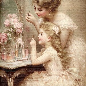 May include: Vintage-style illustration of a woman and young girl applying makeup at a vanity. The scene features a mirror, perfume bottles, and a bouquet of pink flowers, evoking a sense of elegance and beauty.