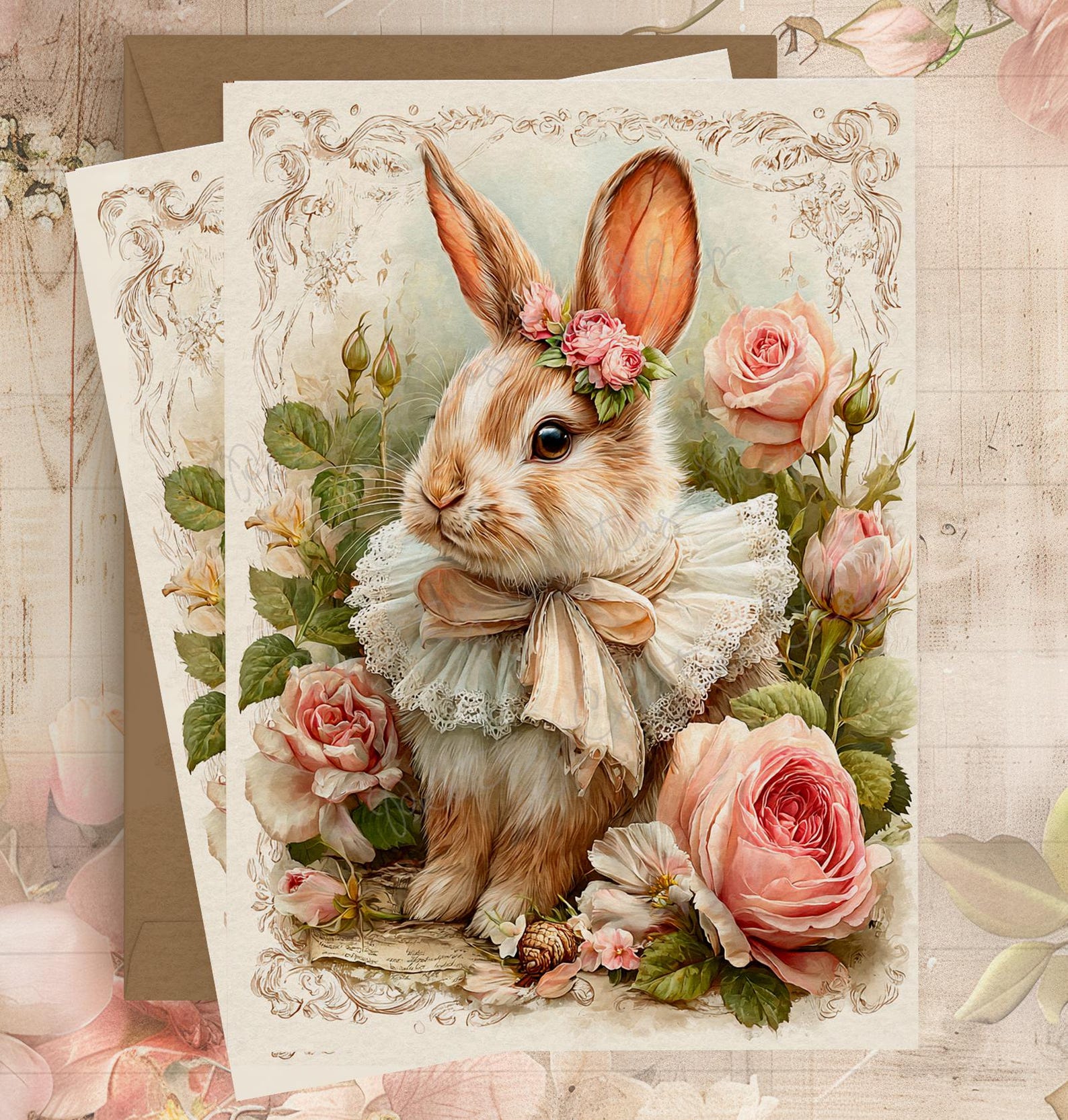 Vintage Bunny Rice Paper for Decoupage, Shabby Chic Floral Mulberry ...
