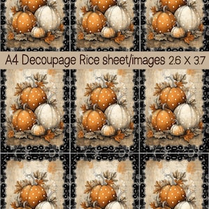 May include: A sheet of nine identical decoupage rice paper images, each featuring orange and white pumpkins with white polka dots, brown leaves, and a black lace border. The text A4 Decoupage Rice sheet/images 2.6 X 3.7 is printed in the center.