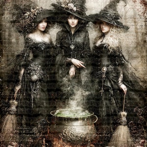 May include: A digital illustration featuring three figures in black pointed hats and dark lace dresses standing behind a large metal cauldron emitting steam. The scene includes two straw brooms, small metallic containers, and floral accents.