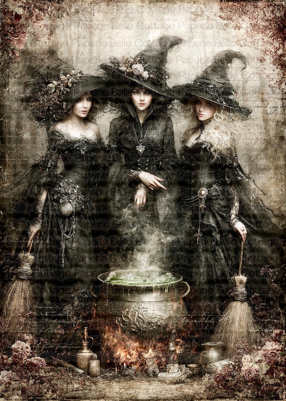 Witch Coven Rice Paper for Decoupage, Gothic Halloween Decor, Three Witches Cauldron Art, Dark Cottagecore Witchcraft, Mulberry Rice Paper