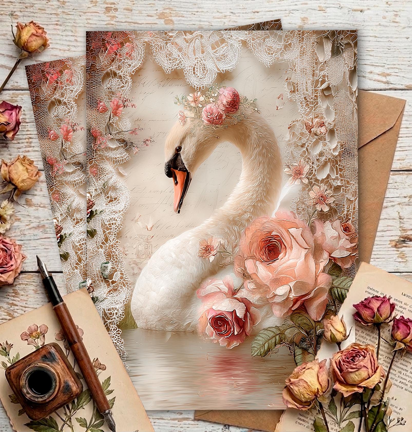 Pink Swan Rice Paper Vintage Graceful Swan Rice Paper for Decoupage A4, Romantic Crown and ...