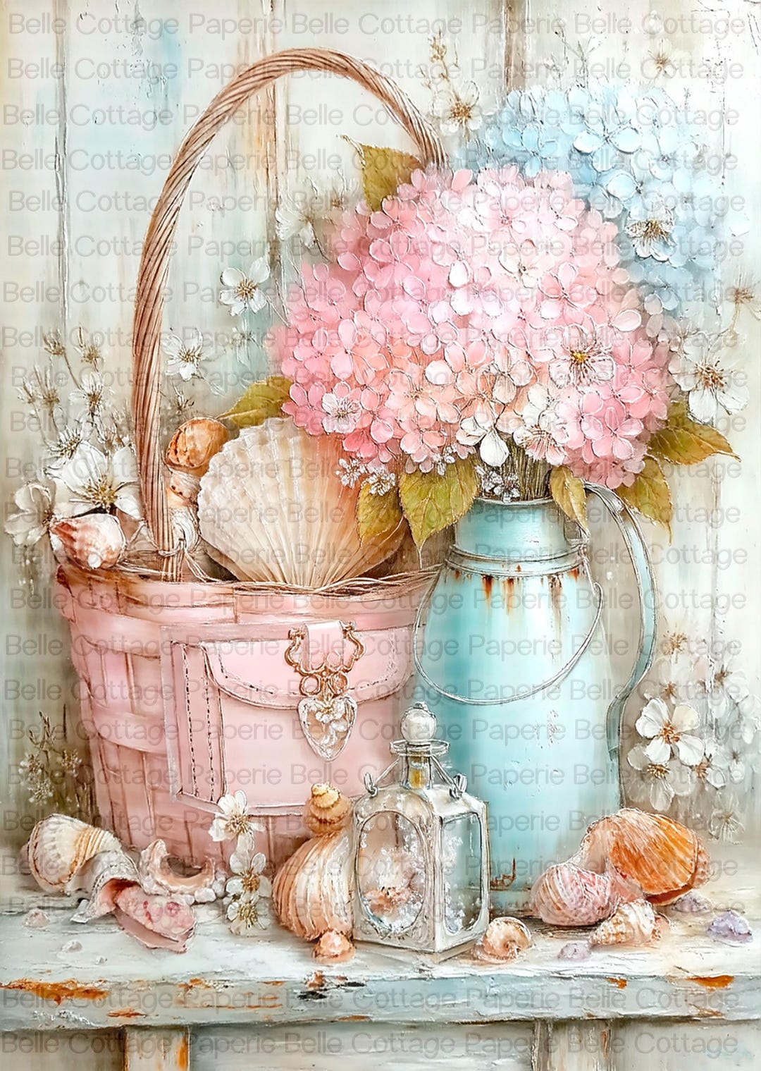 Hydrangea Rice Paper Vintage Coastal Hydrangea Rice Paper, Seaside Shells & Basket Decoupage ...