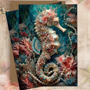 May include: An artistic illustration of a seahorse with a crown of flowers and pearls. The seahorse is adorned with pearls and surrounded by coral and aquatic plants in shades of teal, pink, and cream. The artwork is on a greeting card.