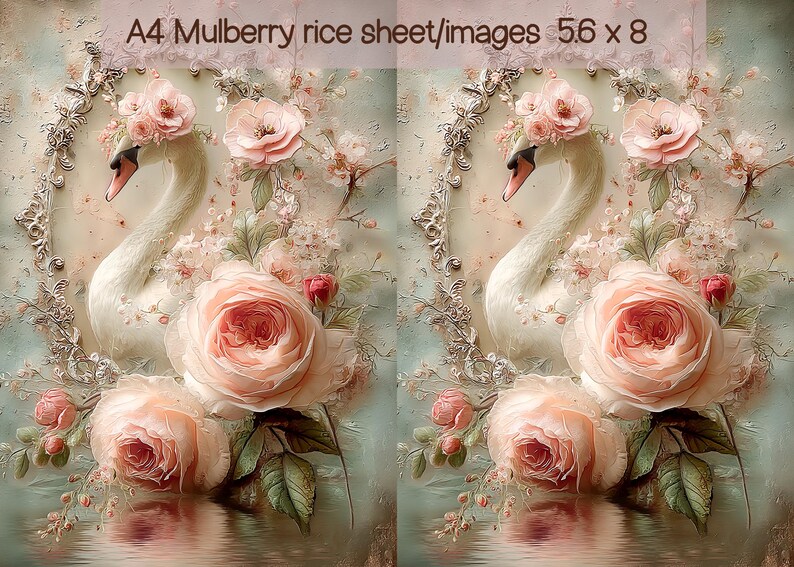 Pink Swan Rice Paper Vintage Graceful Swan Rice Paper for Decoupage A4, Romantic Crown and ...